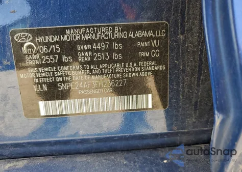 2015 Hyundai Sonata Se from USA, damaged, VIN 5NPE24AF3FH236227
